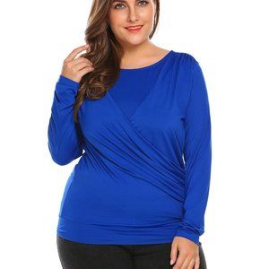 NWT - Women's Plus Long Sleeve Pleated Wrap Top - Blue